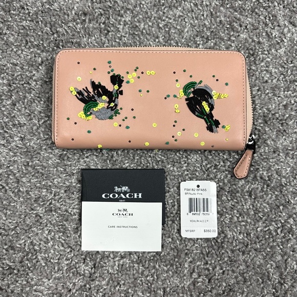 Coach Meadowlark Songbird Large Accordion Women Beading Stitching Leather Wallet - Picture 9 of 16